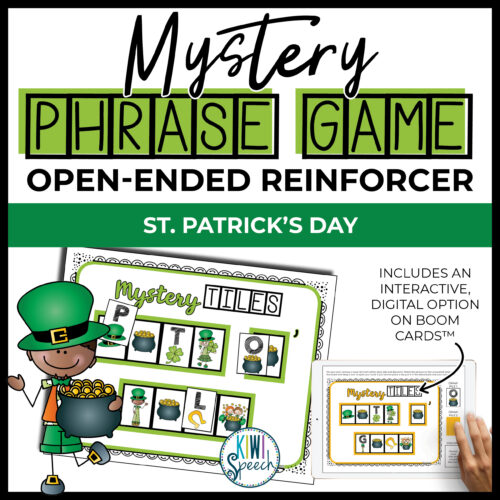 text reads: mystery phrase game. open ended reinforcer. st. patrick's day. image shows a page with tiles that need to be matched to letter as well as an ipad showing the same thing digitally