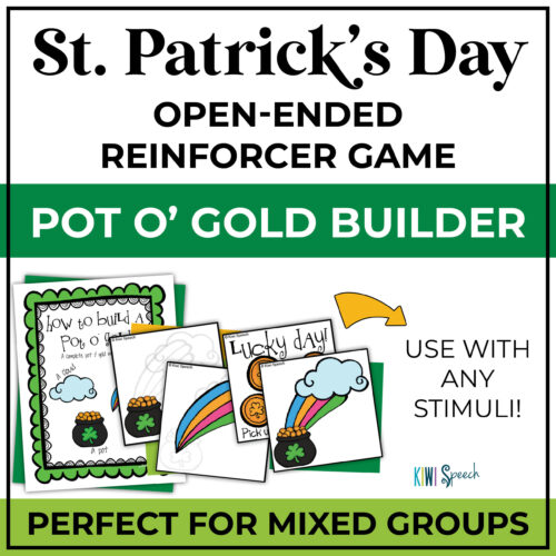 st patrick's day open ended reinforcer game. pot o' gold builder. use with any stimuli. perfect for mixed groups. images on the cover show cards with rainbows, clouds, and gold coins, as well a visual guide for the game.