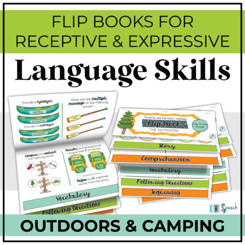 Flip books for receptive and expressive language skills. Outdoors and camping. Three outdoors themed books on the cover, one open to a page with vocabulary skills, and the other two closed.