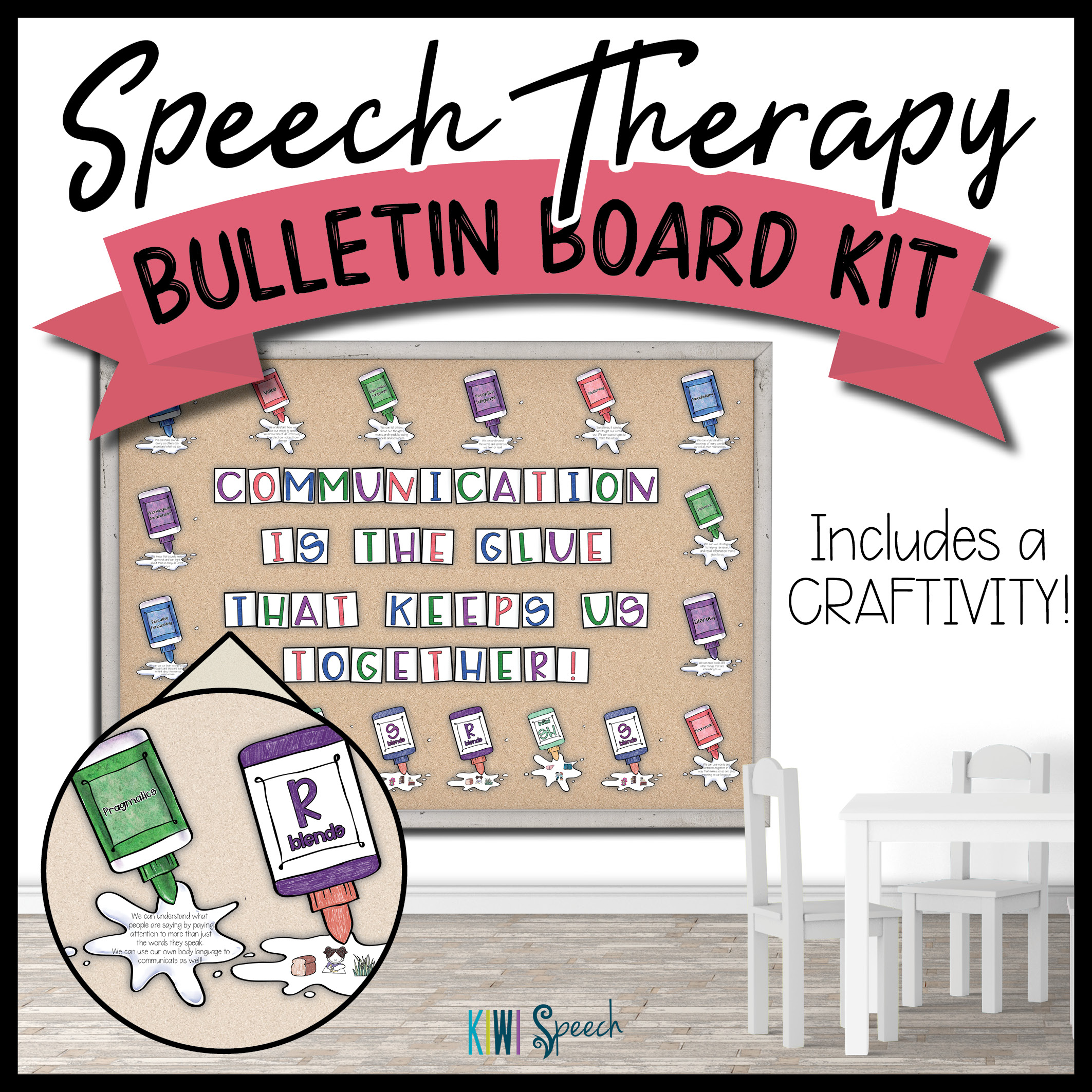 Glue Speech Bulletin Board / Door Kit + Craftivity - Speech Therapy Room Decor