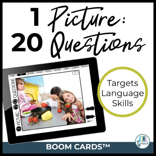 Image shows an ipad with a photo of three children sitting around a kitchen counter with a pan, tomatoes, and a yellow pepper. Text reads 1 Picture, 20 questions. Targets language skills. Boom Cards.