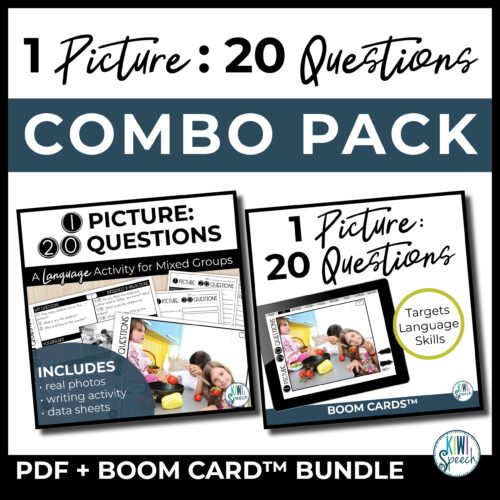 Text reads: 1 Picture 20 Questions Combo Pack. PDF + Boom Card Bundle. Image shows the cover of a print and boom card version of this product.