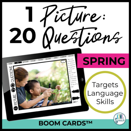 Image shows an ipad with a photo of a woman and a child looking together at a seed through a magnifying glass and surrounded by a garden. Text reads 1 Picture, 20 questions. Spring. Targets language skills. Boom Cards.