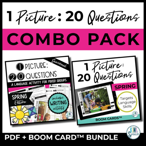 Text reads: 1 Picture 20 Questions Combo Pack. PDF + Boom Card Bundle. Image shows the cover of a print and boom card version of this product.