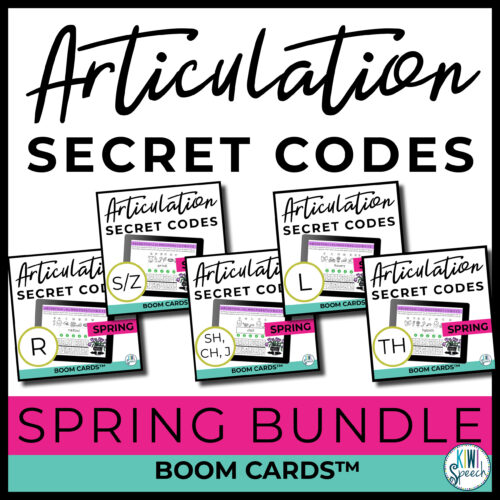 Articulation Secret codes. Spring Bundle. Boom Cards. Image shows product covers for hte rpdocuts included in the bundle: R, S/Z, SH/CH/J, L, and TH Sounds.