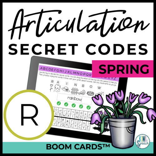 Text reads: articulation secret codes. spring. R sound. Boom Cards. Image shows an ipad with symbols being matched to letters spelling out the word 'rainbow' and a picture of a bucket of flowers.