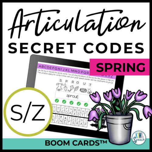 Text reads: articulation secret codes. Spring. S/Z Sound. Boom Cards. Image shows an ipad with symbols being matched to letters spelling out the word 'sprout' and a picture of a bucket of flowers.