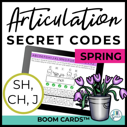 Text reads: articulation secret codes. Spring. SH, CH, J sound. Boom Cards. Image shows an ipad with symbols being matched to letters spelling out the word 'chick' and a picture of a bucket of flowers.