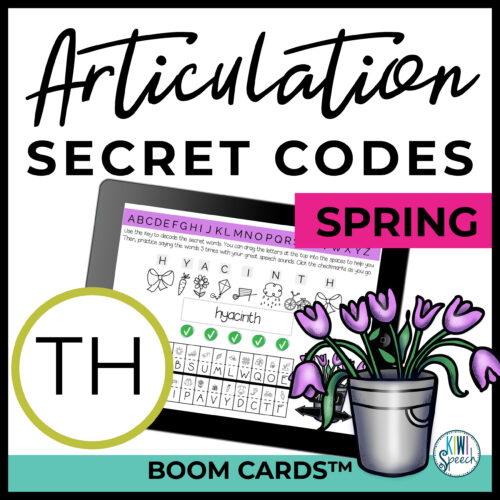 Text reads: articulation secret codes. Spring. TH Sound. Boom Cards. Image shows an ipad with symbols being matched to letters spelling out the word 'hyacinth' and a picture of a bucket of flowers.