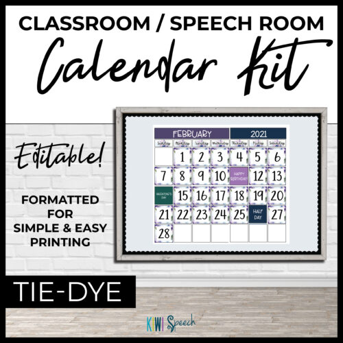 Editable Classroom Calendar Kit for Speech Therapy Room Decor - Tie Dye