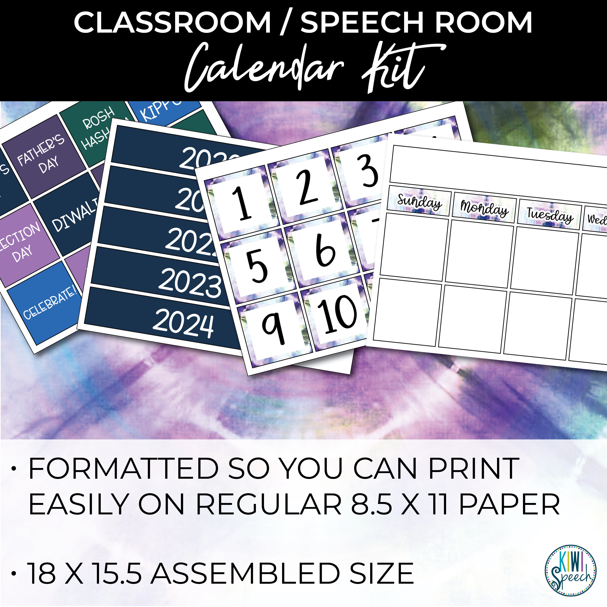 Editable Classroom Calendar Kit for Speech Therapy Room Decor - Tie Dye ...