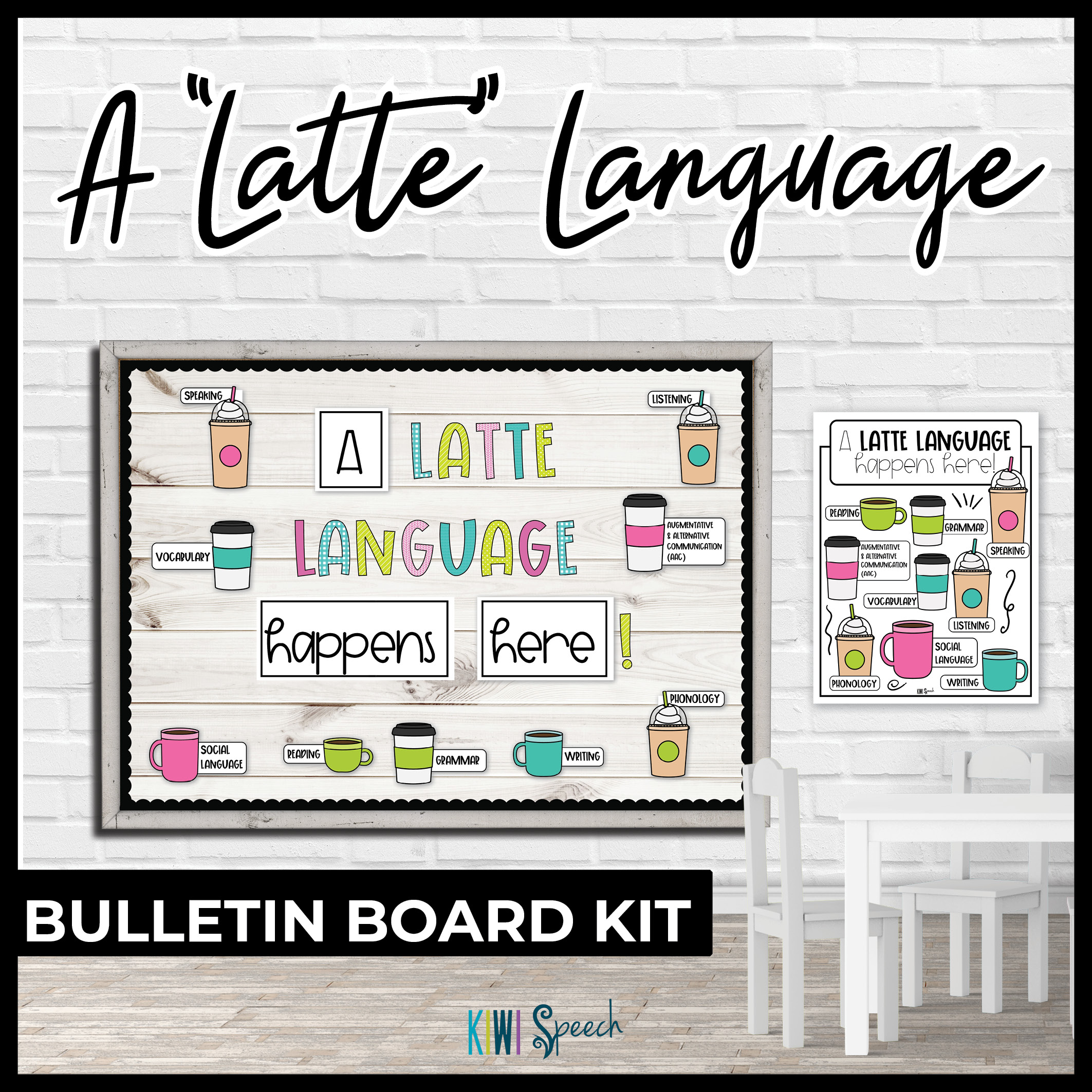 A picture of a bulletin board in a room with a small table. The bulletin board reads, "a latte language happens here" and includes coffee cups around it.