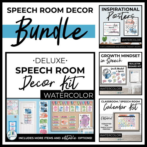 cover for watercolor speech decor bundle showing the main decor kit, inspirational posters, growth mindset bulletin board, and a calendar kit, all watercolor themed