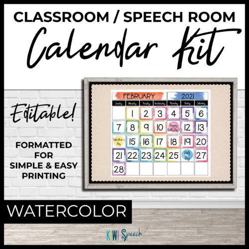 Editable Classroom Calendar Kit for Speech Therapy Room Decor - Watercolor