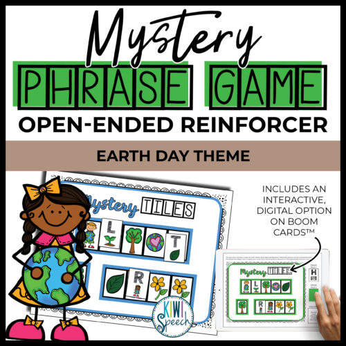 text reads: mystery phrase game. open ended reinforcer. earth day themed. image shows a page with tiles that need to be matched to letter as well as an ipad showing the same thing digitally