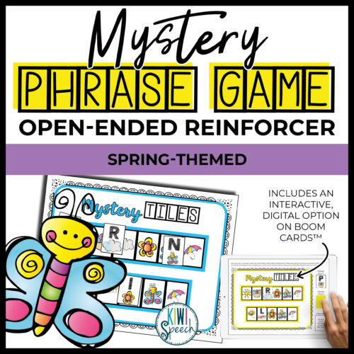 text reads: mystery phrase game. open ended reinforcer. spring themed. image shows a page with tiles that need to be matched to letter as well as an ipad showing the same thing digitally