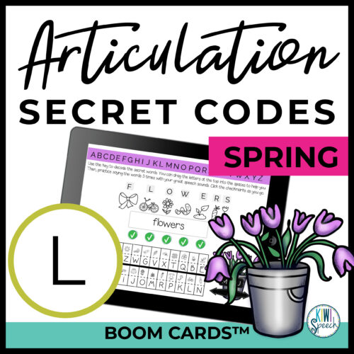 Text reads: articulation secret codes. spring. L sound. Boom Cards. Image shows an ipad with symbols being matched to letters spelling out the word 'flowers' and a picture of a bucket of flowers.